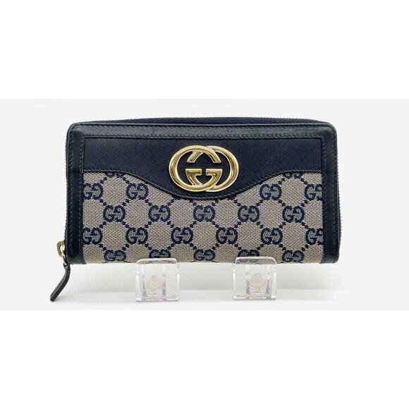 Authentic Gucci GG Canvas Leather Round Zipper Navy Long Wallet - Picture 1 of 13